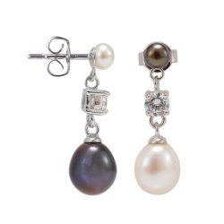 Mismatched black and white freshwater cultured pearl drop earrings with cubic zirconia